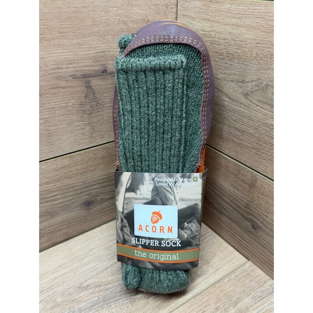 Acorn Mens XL Olive Wool Blend Slipper Socks w/ Suede Soles - New!